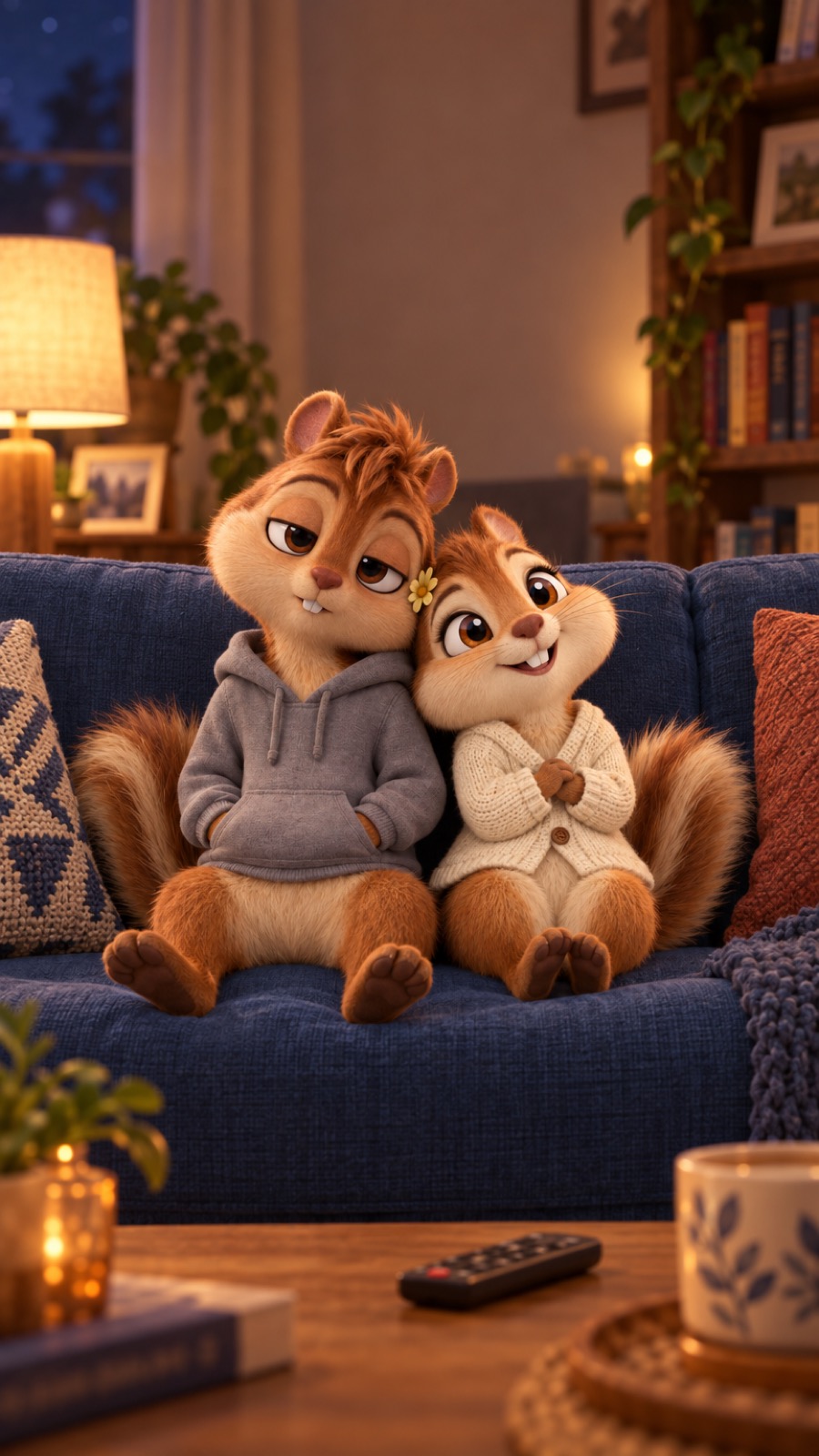 Bao in a grey hoodie and Momo in a cream cardigan, cuddled on a navy sofa in a lamp-lit living room